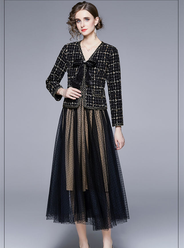 CM-SF092225 Women Elegant European Style Bowknot Tweed Jacket With Dots Gauze Long Skirt - Set