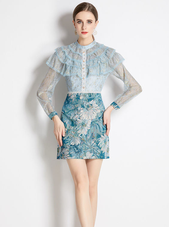 CM-DF092310 Women Charming European Style Layered Lace Splicing Jacquard Floral Dress