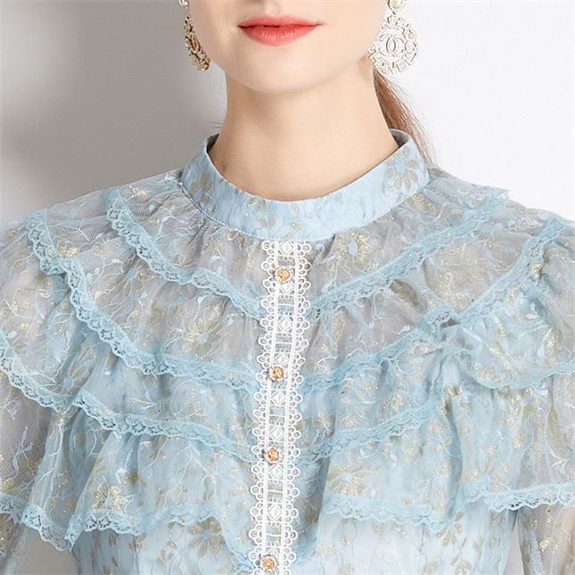 CM-DF092310 Women Charming European Style Layered Lace Splicing Jacquard Floral Dress