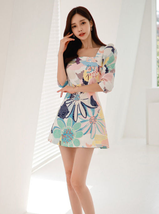 CM-DF092313 Women Lovely Seoul Style Square Collar Floral Mid-Sleeve A-Line Dress