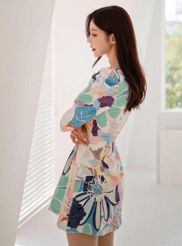 CM-DF092313 Women Lovely Seoul Style Square Collar Floral Mid-Sleeve A-Line Dress