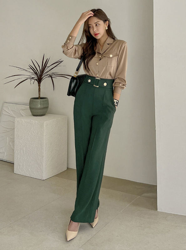 CM-SF092516 Women Retro Seoul Style Single-Breasted High Waist Wide-Leg Long Suits