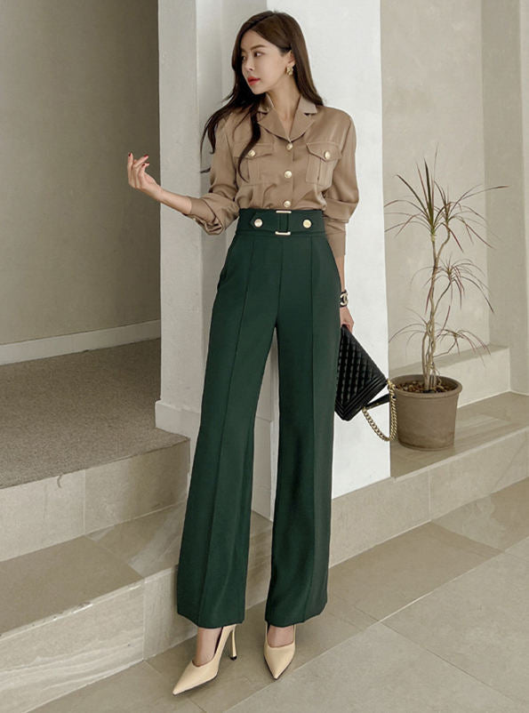 CM-SF092516 Women Retro Seoul Style Single-Breasted High Waist Wide-Leg Long Suits