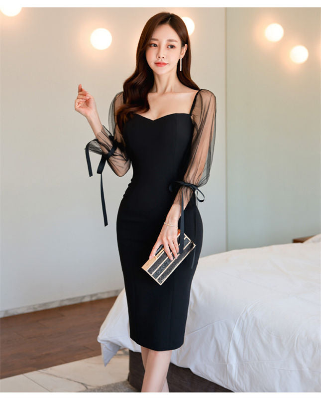 CM-DF092901 Women Elegant Seoul Style Gauze Sleeve Splicing Bodycon Dress (Available in 2 colors)
