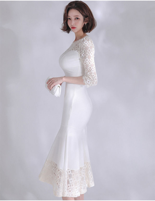 CM-DF092903 Women Elegant Seoul Style Lace Round Neck Fishtail Bodycon Dress