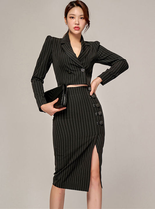 CM-SF101201 Women Elegant Seoul Style Tailored Collar Single-Breasted Stripes Dress Set