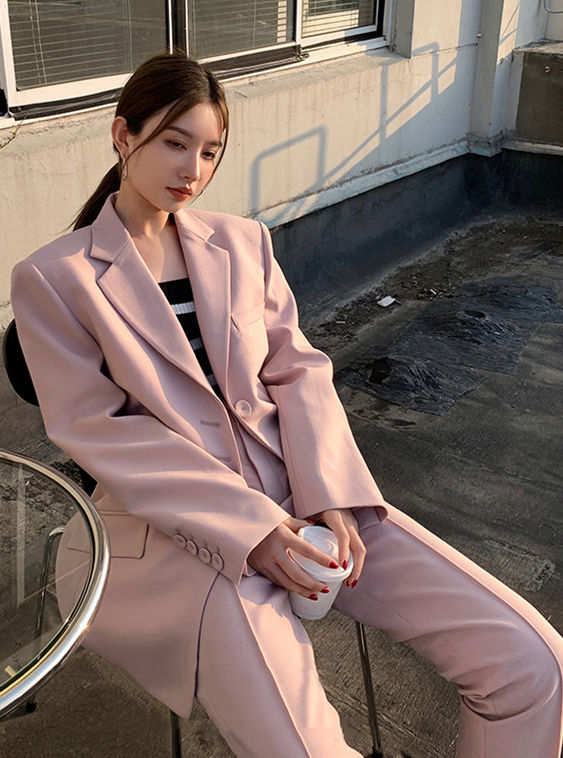 CM-SF101216 Women Charming Seoul Style Tailored Collar Loosen Jacket With Long Pants - Set