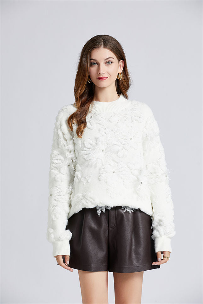 CM-CF102915 Women Lovely European Style 3 Beads Floral Oversize Sweater (Available in 3 colors)