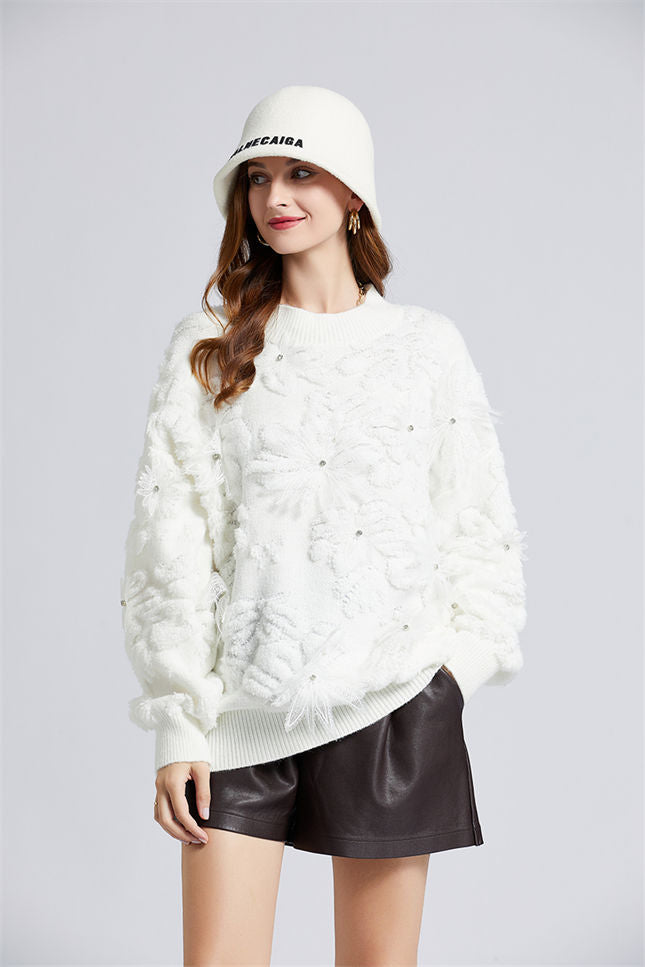 CM-CF102915 Women Lovely European Style 3 Beads Floral Oversize Sweater (Available in 3 colors)