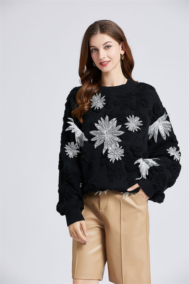 CM-CF102915 Women Lovely European Style 3 Beads Floral Oversize Sweater (Available in 3 colors)