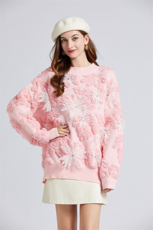 CM-CF102915 Women Lovely European Style 3 Beads Floral Oversize Sweater (Available in 3 colors)