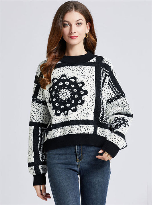 CM-CF102916 Women Retro European Style Color Block Floral Loosen Mohair Pullovers