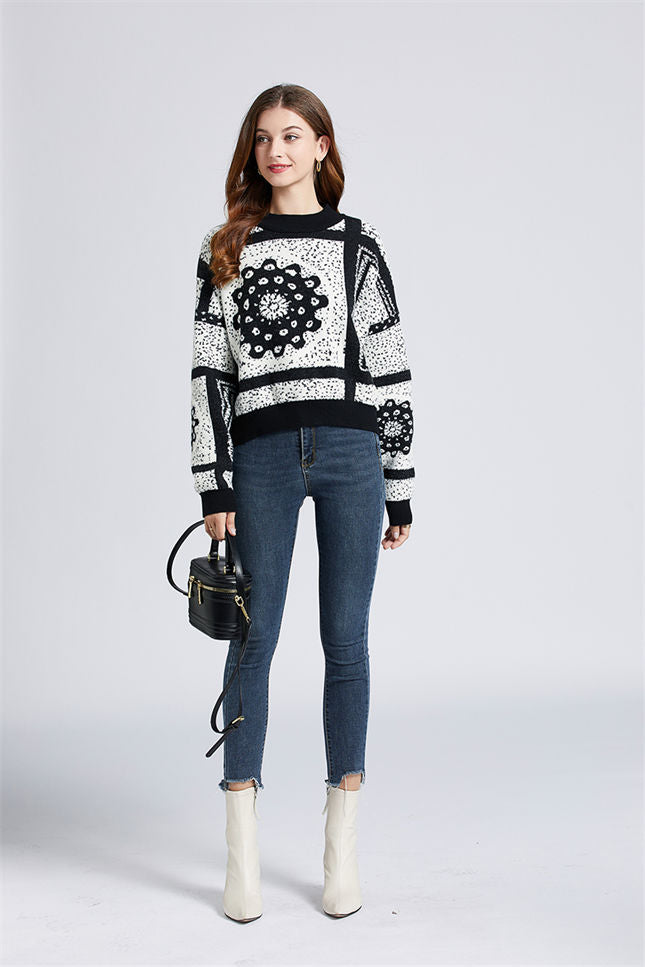 CM-CF102916 Women Retro European Style Color Block Floral Loosen Mohair Pullovers