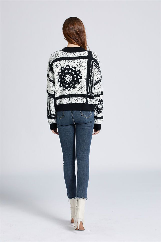 CM-CF102916 Women Retro European Style Color Block Floral Loosen Mohair Pullovers