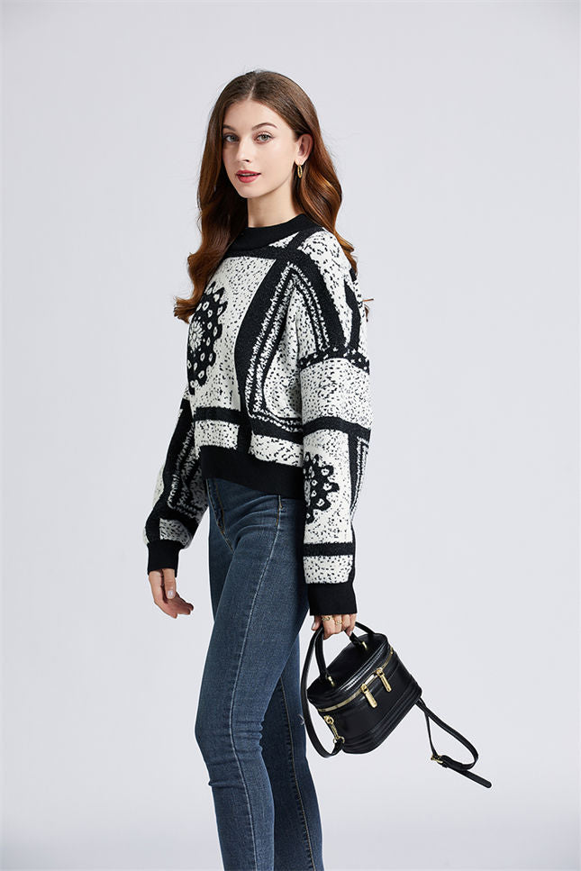 CM-CF102916 Women Retro European Style Color Block Floral Loosen Mohair Pullovers