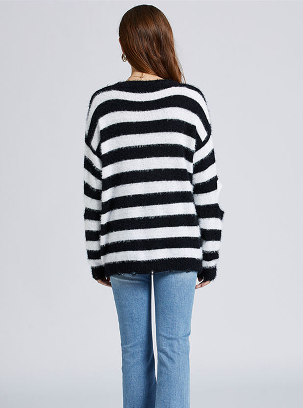 CM-CF102918 Women Trendy Seoul Style Round Neck Stripes Sweater Pullovers