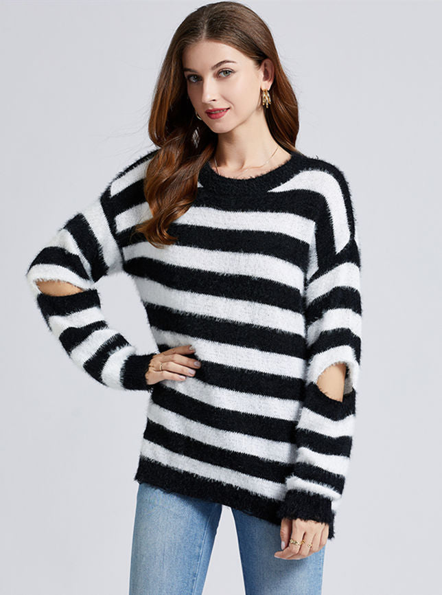 CM-CF102918 Women Trendy Seoul Style Round Neck Stripes Sweater Pullovers