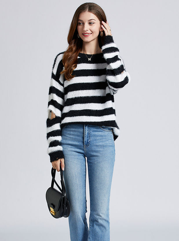 CM-CF102918 Women Trendy Seoul Style Round Neck Stripes Sweater Pullovers