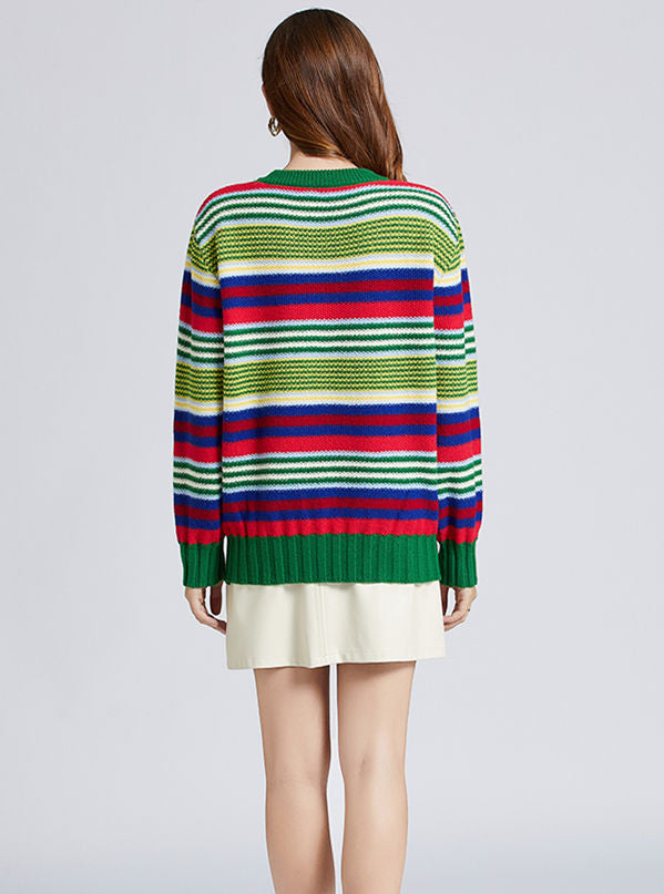 CM-CF102919 Women Trendy European Style Round Neck Stripes Tiger Embroidery Loosen Sweater