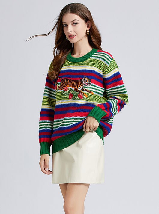 CM-CF102919 Women Trendy European Style Round Neck Stripes Tiger Embroidery Loosen Sweater