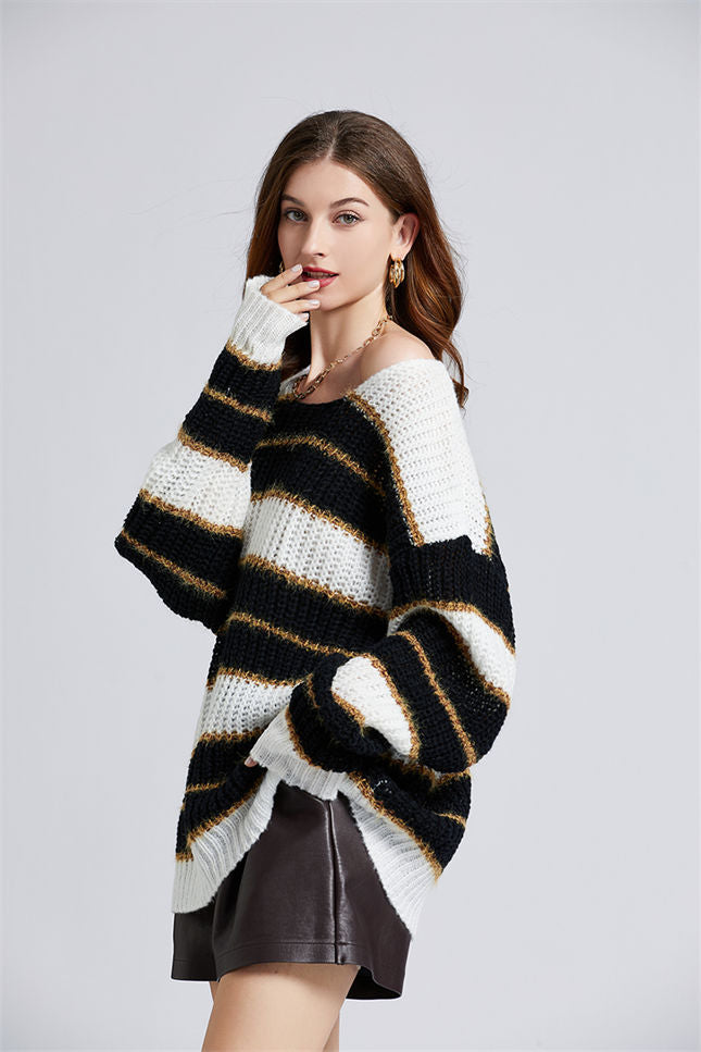 CM-CF102920 Women Retro European Style Stripes Batwing Oversize Knitting Pullovers