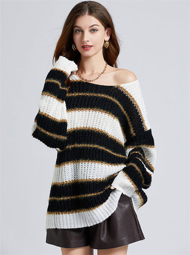 CM-CF102920 Women Retro European Style Stripes Batwing Oversize Knitting Pullovers
