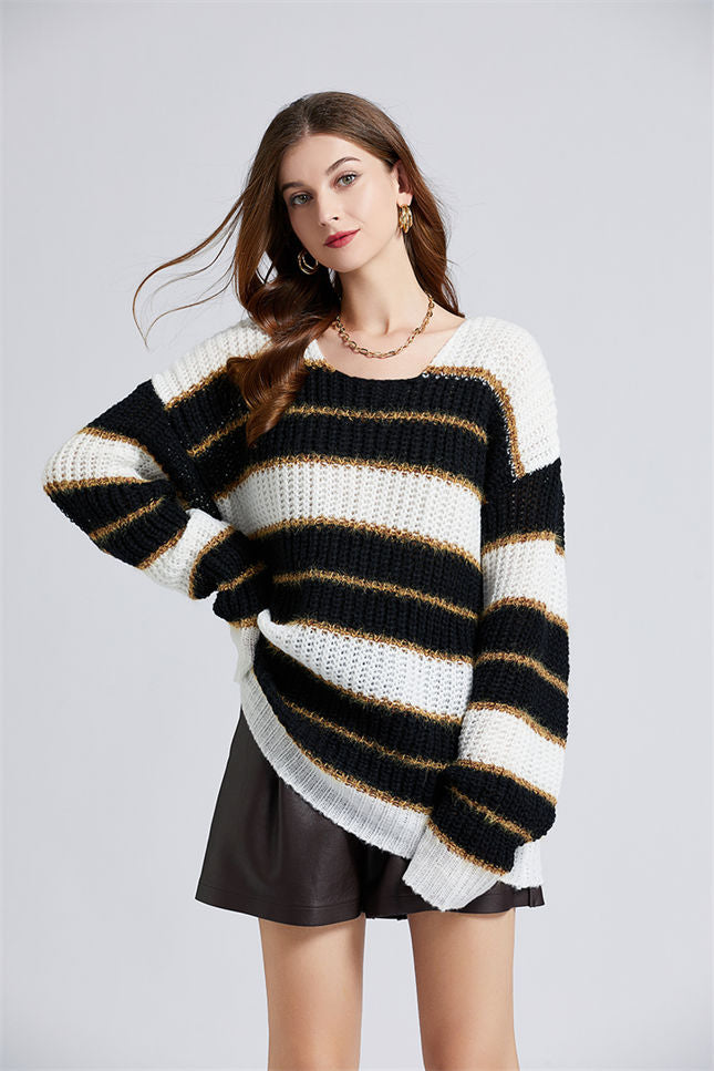 CM-CF102920 Women Retro European Style Stripes Batwing Oversize Knitting Pullovers