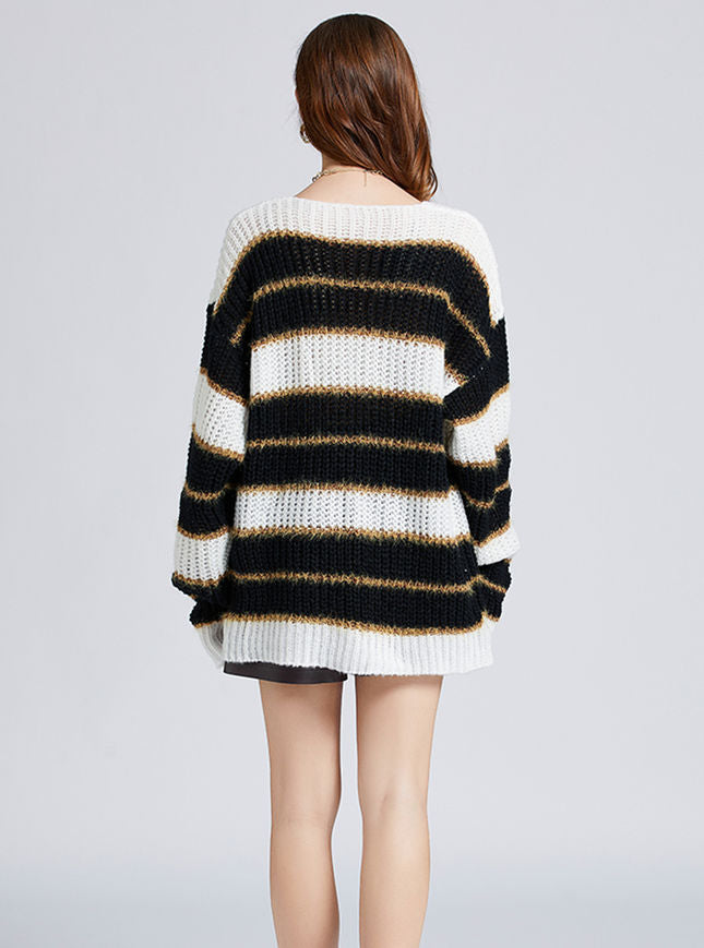CM-CF102920 Women Retro European Style Stripes Batwing Oversize Knitting Pullovers