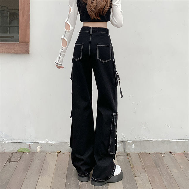 CM-BF012406 Women Preppy Seoul Style Street Fashion Big Pockets Wide-Leg Loosen Jeans