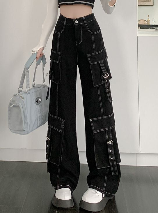 CM-BF012406 Women Preppy Seoul Style Street Fashion Big Pockets Wide-Leg Loosen Jeans