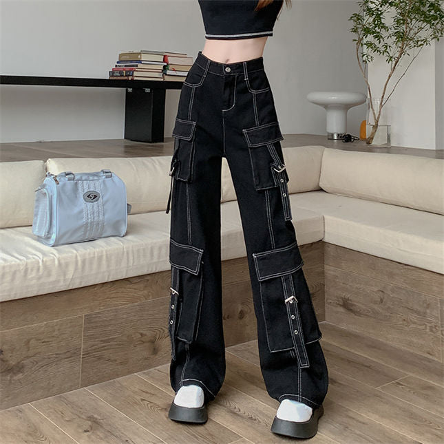 CM-BF012406 Women Preppy Seoul Style Street Fashion Big Pockets Wide-Leg Loosen Jeans