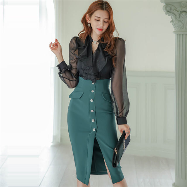 CM-SF021128 Women Elegant Seoul Style Flouncing Blouse With Single-Breasted Split Skirt -Set