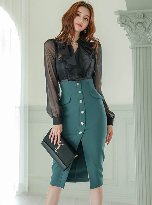 CM-SF021128 Women Elegant Seoul Style Flouncing Blouse With Single-Breasted Split Skirt -Set