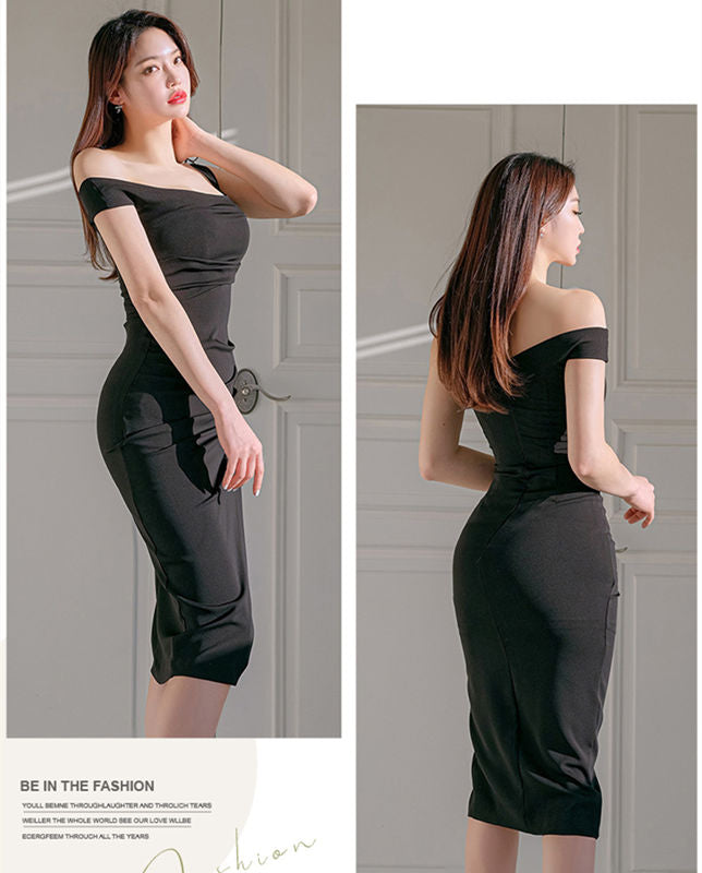 CM-DF030704 Women Elegant Seoul Style Off Shoulder High Waist Pleated Split Slim Dress