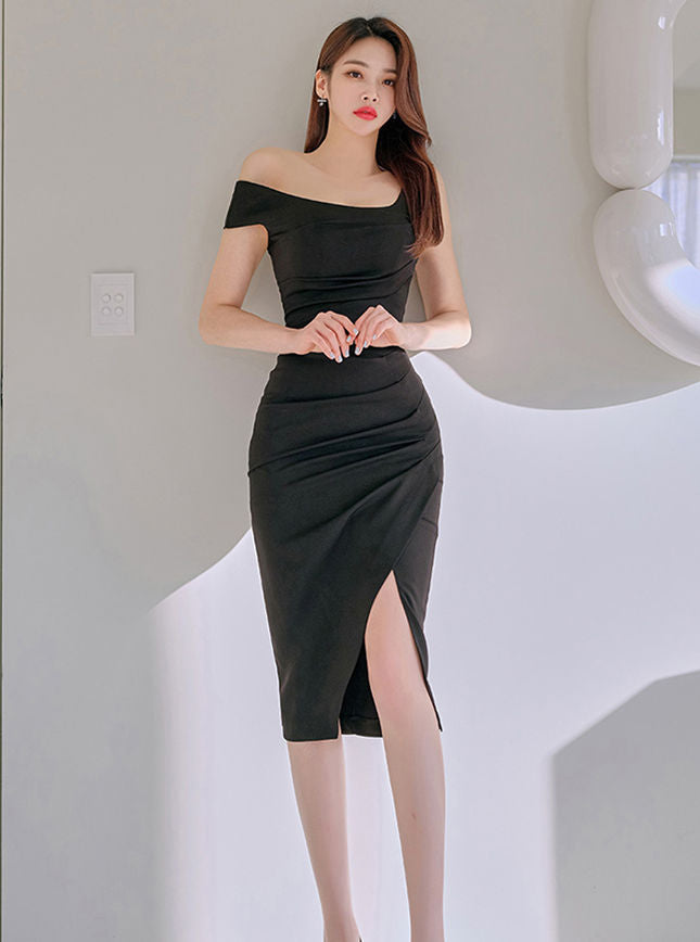 CM-DF030704 Women Elegant Seoul Style Off Shoulder High Waist Pleated Split Slim Dress