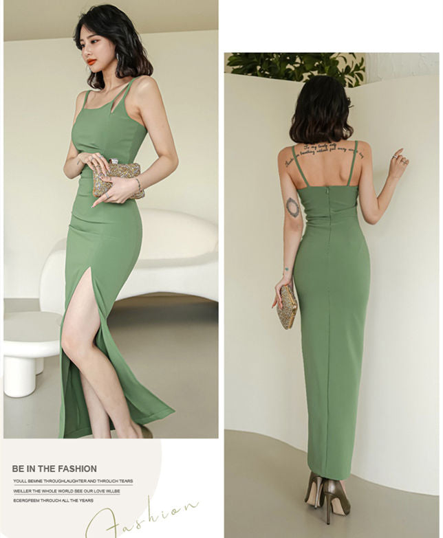 CM-DF030705 Women Elegant Seoul Style Pleated High Waist Split Straps Long Dress - Green