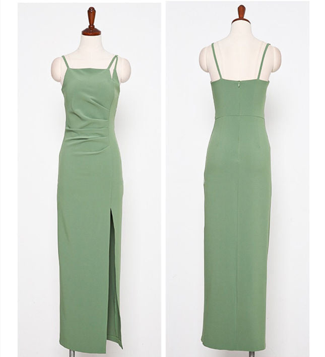 CM-DF030705 Women Elegant Seoul Style Pleated High Waist Split Straps Long Dress - Green