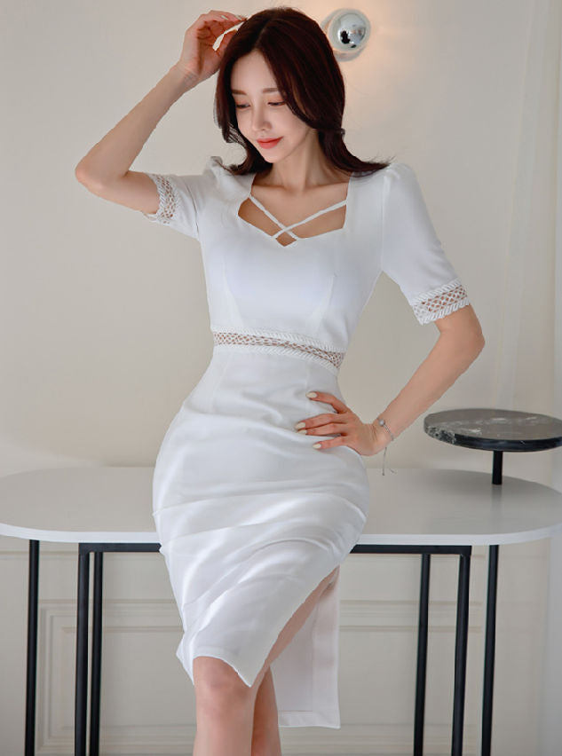 CM-DF031015 Women Elegant Seoul Style Waist Hollow Out Square Collar Bodycon Dress