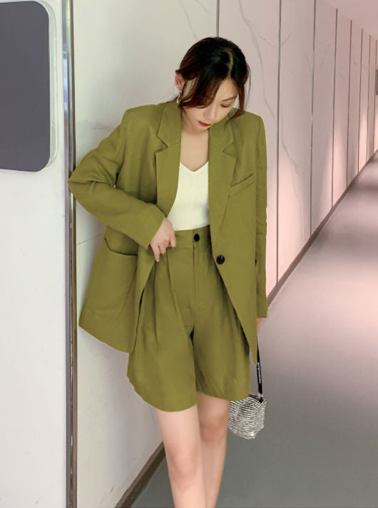 CM-SF031218 Women Casual Seoul Style Tailored Collar High Waist Two Pieces Suits