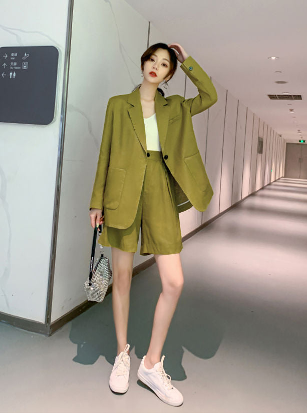 CM-SF031218 Women Casual Seoul Style Tailored Collar High Waist Two Pieces Suits