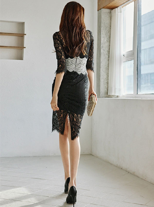 CM-DF031504 Women Elegant Seoul Style Color Block Lace Flowers Bodycon Dress - Black