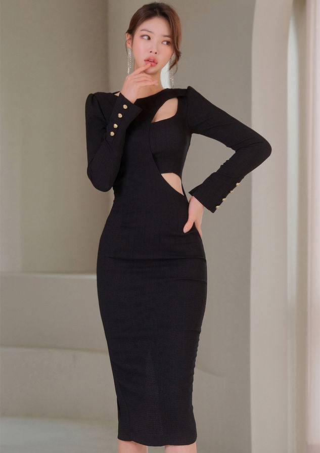 CM-DF031808 Women Casual Seoul Style Hollow Out Long Sleeve Bodycon Dress - Black