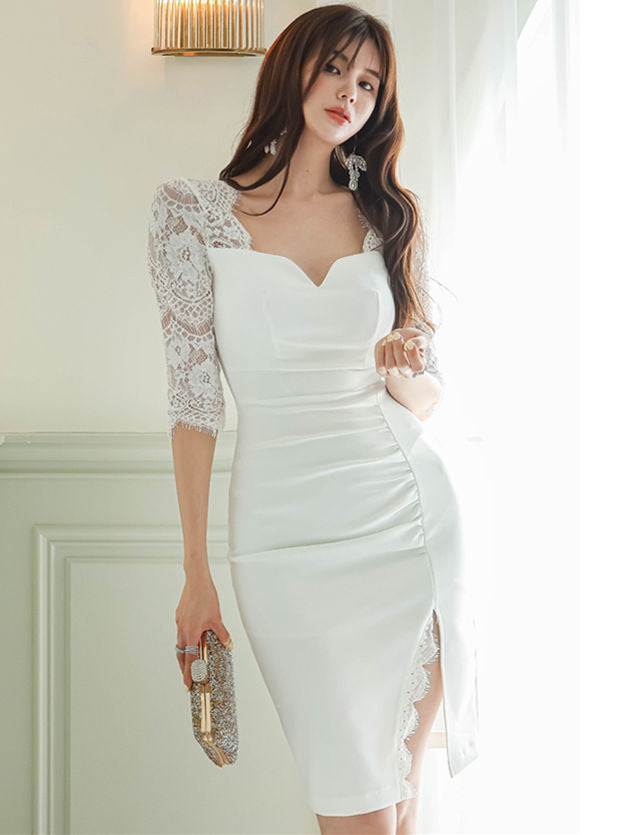 CM-DF031810 Women Elegant Seoul Style Square Collar Lace Sleeve Bodycon Dress - White