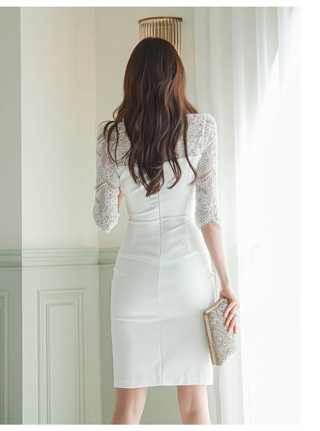 CM-DF031810 Women Elegant Seoul Style Square Collar Lace Sleeve Bodycon Dress - White