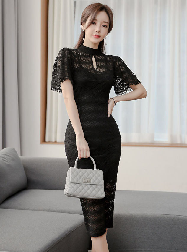 CM-DF031811 Women Elegant Seoul Style High Waist Flare Sleeve Lace Bodycon Dress - Black