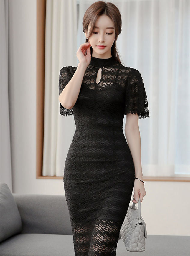 CM-DF031811 Women Elegant Seoul Style High Waist Flare Sleeve Lace Bodycon Dress - Black