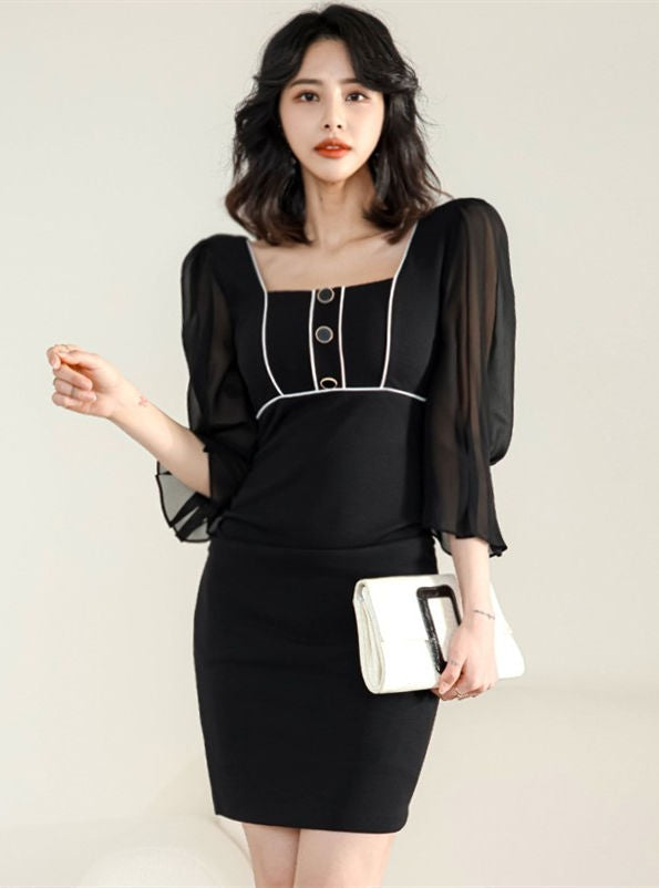 CM-DF031818 Women Retro SEoul Style Square Collar Gauze Puff Sleeve Slim Dress