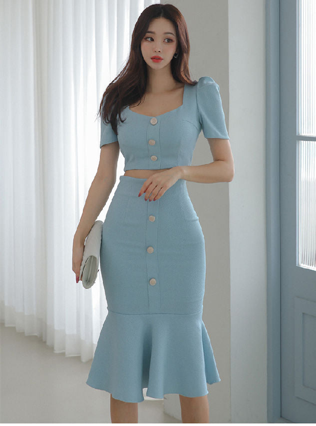 CM-SF032517 Women Elegant Seoul Style Single-Breasted Fishtail Slim Dress Set (Available in 2 colors)