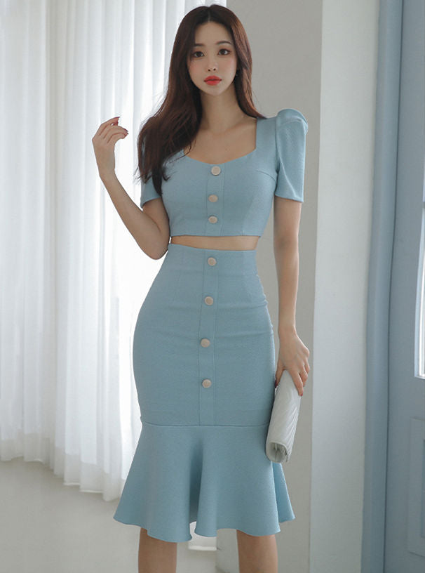 CM-SF032517 Women Elegant Seoul Style Single-Breasted Fishtail Slim Dress Set (Available in 2 colors)