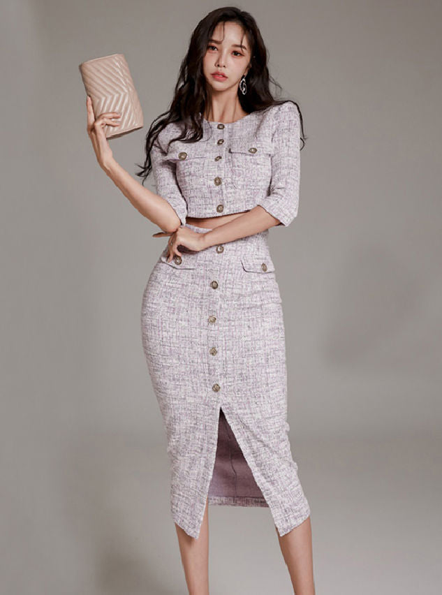 CM-SF032913 Women Elegant Seoul Style Single-Breasted Split Slim Bouse With Skirt - Set